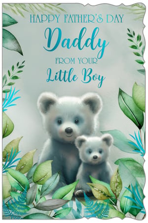 Celebrate Father's Day with this utterly charming 'Daddy From Little Boy' card from Out of The Blue Studios Ltd. Featuring an adorable illustration of a large bear and its cub nestled amongst lush green foliage, this card perfectly captures the special bond between a father and his son. The heartfelt message, "HAPPY FATHER'S DAY Daddy FROM YOUR Little Boy," is beautifully presented in a gentle blue script, making it an ideal way for any young boy to express his love and appreciation. The soft, watercolour-style artwork and serene colour palette create a truly touching and memorable design. Stock these delightful cards to offer your customers a truly special option for Father's Day. Available in a convenient pack size of 1x6.