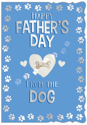 Celebrate Father's Day with a wag-tastic greeting from their best furry friend! Our 'From The Dog' card, from Out of The Blue Studios Ltd, is the perfect way for any dog to show their dad some love.
This charming card features a delightful blue background, framed by an adorable silver paw print border. The heartfelt message, 'HAPPY FATHER'S DAY FROM THE DOG', stands out in stylish silver lettering with a subtle 3D effect. At its centre, a sweet heart design cradles a bone, surrounded by playful paw prints, adding an extra touch of canine affection.
Stock up on this popular design, available in a convenient pack of 6, and help your customers make Father's Day extra special for the dog dads in their lives.