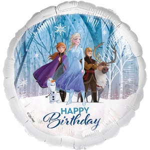 Bring the magic of Arendelle to any birthday celebration with this enchanting 18" Frozen Happy Birthday foil balloon! Featuring everyone's favourite characters – Elsa, Anna, Kristoff, Sven, and Olaf – set against a beautiful snowy forest backdrop, this balloon is sure to delight any Frozen fan.
The vibrant design captures the wonder of the winter wonderland, complete with delicate snowflakes, and proudly displays a cheerful "HAPPY Birthday" message. Perfect for decorating a party venue or as a special gift, this high-quality balloon adds an unforgettable touch of Disney magic. Supplied individually, it's ready to inflate and bring smiles to faces. Make their special day truly magical!