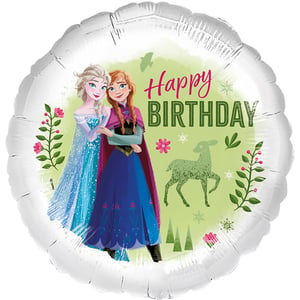 Make any birthday truly magical with our enchanting 18" Frozen Happy Birthday balloon! This delightful foil balloon features everyone's favourite sisters, Elsa and Anna, embracing amidst a beautiful woodland scene.
Against a soft green backdrop, you'll find delicate flowers, berries, and a charming deer, creating a whimsical atmosphere. The vibrant 'Happy Birthday' message stands out, making this single balloon the perfect centrepiece for any Frozen-themed celebration. It's a wonderful way to bring joy and sparkle to a special day for any fan!