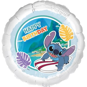 Make any birthday extra special with our delightful 18" Stitch Happy Birthday balloon! Featuring everyone's favourite mischievous alien, Stitch, happily surfing against a vibrant tropical backdrop, this foil balloon is sure to bring smiles. The bold 'Happy Birthday' message stands out, making it the perfect centrepiece or addition to any Lilo & Stitch themed party. With its eye-catching design and cheerful character, it's an absolute must-have for fans of all ages. Supplied by Folat and available in convenient single packs, it's ready to brighten up your retail offering. Stock up on this fantastic balloon and help your customers celebrate in true Hawaiian style!