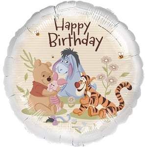 Bring joy to any birthday celebration with this delightful 18" Winnie and Friends Happy Birthday foil balloon from Folat! Featuring everyone's favourite Hundred Acre Wood characters – Winnie the Pooh, Piglet, Eeyore, and Tigger – this balloon captures a heartwarming moment of friendship. The vibrant design showcases Pooh hugging Piglet, Eeyore looking on, and Tigger smiling, all set against a charming backdrop with delicate flowers and buzzing bees. The clear "Happy Birthday" message makes it the perfect addition to any party decor. Sold individually, these balloons are ideal for retailers looking to offer a popular and beloved theme. A truly charming choice for any Winnie the Pooh fan!