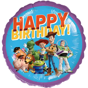 Bring the magic of Andy's room to any birthday celebration with this fantastic 18" Toy Story Happy Birthday foil balloon! This vibrant balloon features all your favourite characters, including Woody, Buzz Lightyear, Jessie, Rex, Hamm, Slinky Dog, Mr. Potato Head, and a little green alien, ready to wish someone a very happy day. The bold "HAPPY BIRTHDAY!" message pops against a bright blue background, all framed by a cheerful purple border. It's the perfect way to add a touch of adventure and fun to any party decor. Supplied by Folat, this high-quality balloon comes as a single unit, making it easy to create an unforgettable Toy Story themed celebration. Get ready to go to infinity and beyond with your party planning!