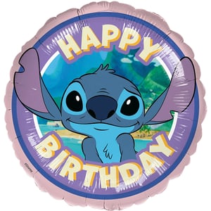 Make any birthday extra special with this delightful 18" Stitch Happy Birthday foil balloon! Featuring Disney's beloved Stitch, smiling charmingly against a vibrant tropical island backdrop, this balloon is guaranteed to bring a huge smile to any Lilo & Stitch enthusiast. The cheerful "HAPPY BIRTHDAY" message is prominently displayed, making it an ideal focal point for celebrations or a wonderful addition to a themed balloon display. Each 18-inch balloon is available individually, ready to be inflated and spread happiness. Its captivating design and generous size ensure it's a must-have for your party range. Bring a touch of Hawaiian sunshine to every birthday bash!