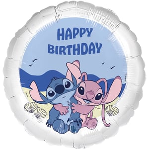 Bring a touch of aloha to any birthday celebration with this charming 18" Stitch and Angel Happy Birthday foil balloon. It beautifully features Stitch and Angel sharing a warm hug on a sandy beach, surrounded by seashells, under a clear blue sky. The prominent "HAPPY BIRTHDAY" message makes it an ideal decoration or a thoughtful gift for fans. Supplied individually, this lovely balloon is ready to inflate and add a cheerful highlight to the special day.