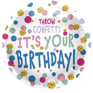 Make every birthday celebration sparkle with our delightful 18" Birthday Throw Confetti balloon! This vibrant foil balloon features a playful design, bursting with colourful polka dots in shades of pink, blue, teal, and purple, alongside dazzling gold glitter confetti. The cheerful message, "THROW CONFETTI IT'S YOUR BIRTHDAY!", is emblazoned across the front in a fun, handwritten style, guaranteed to bring a smile to anyone's special day. Perfect for decorating parties or as a standout gift, this eye-catching balloon adds an instant touch of joy and festivity. Available individually, it's an essential addition to your party supplies range, ready to help your customers celebrate in style!