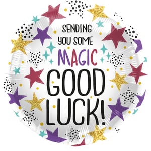 Wish someone special the very best with our enchanting 18" Good Luck Magic foil balloon from Folat! This delightful round balloon features a vibrant design, bursting with colourful stars in gold glitter, rich maroon, and playful purple, alongside sparkling teal accents and whimsical polka dots. The clear message, "SENDING YOU SOME MAGIC GOOD LUCK!", is beautifully displayed in a mix of bold and cheerful fonts, making it an instant mood-lifter. Perfect for exams, new ventures, or any moment someone needs a little extra encouragement, this eye-catching balloon is sure to bring a smile. Supplied individually, it's ready to add a touch of magic to any good luck gesture.