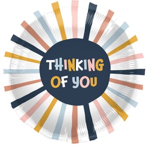Brighten someone's day with our lovely 18" Thinking Of You foil balloon from Folat. This eye-catching balloon features a dark blue centre, displaying the warm message "THINKING OF YOU" in cheerful, multi-coloured letters. Radiating outwards are colourful stripes in shades of blue, pink, orange, and yellow, set against a crisp white background, creating an uplifting design. It's a wonderful way to show you care, perfect for sending comfort or a friendly greeting. Supplied individually, it's a great choice for adding a personal touch to any gift or celebration.
