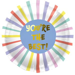 Brighten someone's day with our delightful 18" Thinking Of You foil balloon! This cheerful round balloon features a lovely light blue centre proudly proclaiming "YOU'RE THE BEST!" in shimmering gold lettering. Radiating outwards are vibrant, hand-painted style stripes in a rainbow of colours including pink, yellow, green, purple, and orange, creating a truly uplifting design.
Perfect for celebrating achievements, showing appreciation, or simply letting someone know you care, this eye-catching balloon is sure to bring a smile. Supplied individually, it's an ideal addition to your partyware collection for any occasion that calls for a special touch. From the trusted Folat range, this balloon combines quality with an irresistibly friendly message.