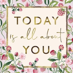 Celebrate her special day with this delightful 'Open Birthday Female' card from the Great British Card Company. Featuring a charming design of luscious strawberries and delicate pink blossoms on a soft pastel background, this card is sure to bring a smile. The central message, 'TODAY is all about YOU', is beautifully highlighted with luxurious gold foil lettering, adding a touch of elegance and warmth. Perfect for any female recipient, this card offers a heartfelt sentiment for a memorable birthday. Stock up your shelves with this lovely design, available in a convenient pack of 6.