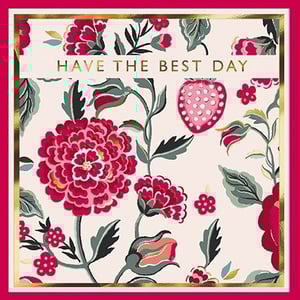 Brighten someone's special day with this delightful 'Open Birthday Female' card from the Great British Card Company. This charming design features a vibrant floral pattern, showcasing beautiful pink and red blooms, lush green foliage, and a whimsical pink strawberry, all set against a soft cream background.
The elegant gold lettering wishing "HAVE THE BEST DAY" adds a touch of sophistication, framed by a delicate gold inner border and a bold fuchsia outer edge. Perfect for celebrating any female's birthday, this card is sure to bring a smile. Available in a convenient pack of 6, it's an ideal choice for your retail offering.