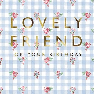 Help your customers celebrate their wonderful female friends with this charming birthday card. Adorned with a classic blue gingham pattern and delicate floral bouquets, it exudes a sweet and thoughtful appeal. The elegant gold foil lettering, proclaiming 'LOVELY FRIEND ON YOUR BIRTHDAY', adds a touch of sophisticated sparkle, making it a truly special greeting. This beautiful design is perfect for conveying heartfelt wishes to a cherished friend. Available in convenient packs of six, it's a delightful addition to any card display.