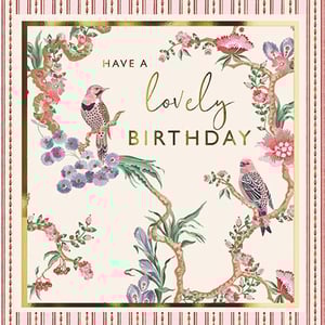 Wish someone a truly special day with this beautiful 'Open Birthday Female' card from the Great British Card Company. This exquisite design features a charming chinoiserie-inspired illustration, adorned with graceful birds and delicate floral branches in a delightful palette of soft pinks, purples, and lush greens, all set against a warm cream background.
The elegant "lovely Birthday" message, highlighted with shimmering gold foil, adds a touch of luxury and warmth. Framed by a sophisticated gold border and a stylish striped edge, this card is perfect for any female recipient. Its timeless appeal and intricate details make it a wonderful choice for celebrating a loved one's birthday. Available in a convenient pack of six, it's ideal for keeping on hand for those special occasions.