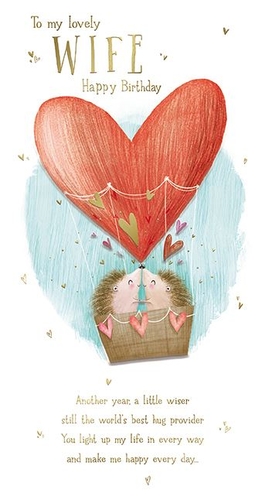 Celebrate her special day with this utterly charming "Wife" birthday card from the Great British Card Company. Featuring an adorable illustration of two hedgehogs sharing a sweet moment in a heart-shaped hot air balloon, this card is sure to melt her heart. The loving message inside reads: "Another year, a little wiser, still the world's best hug provider. You light up my life in every way and make me happy every day..." It's the perfect way to show your lovely wife how much she means to you. Each pack contains 6 cards, ideal for your retail display.