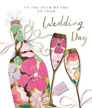 Celebrate love with our beautiful 'Wedding Day' card, a delightful offering from the Great British Card Company. This stunning design features a stylish champagne bottle and two elegant flutes, all adorned with vibrant floral patterns in shades of pink, green, and purple, highlighted with shimmering gold accents. The heartfelt message "TO THE BOTH OF YOU ON YOUR Wedding Day" is beautifully scripted, making it an ideal choice for the happy couple. A charming "LET'S Celebrate" tag adds a delightful touch of festivity. Stock up on this eye-catching card, available in a convenient pack size of 1x6, and provide your customers with a truly special way to congratulate newlyweds on their big day. Its modern yet timeless appeal is sure to be a popular seller.