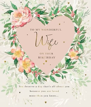 Help your customers celebrate their wonderful wives with this exquisite birthday card from the Great British Card Company. This charming design features a beautiful heart-shaped frame, bursting with delicate watercolour florals and lush green foliage. The elegant gold foil lettering highlights the loving message, "TO MY WONDERFUL Wife ON YOUR BIRTHDAY," adding a touch of luxury. Inside, the tender sentiment assures her she deserves a day "all about you, because you are loved more than you know." A truly special card to convey deep affection, it's an essential addition to your greeting card display. Each pack contains 6 cards, ready for your shelves.