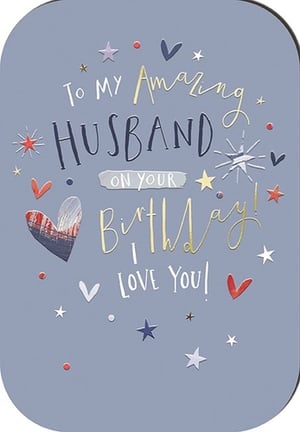 Celebrate his special day with our 'Husband' birthday card, proudly brought to you by the Great British Card Company. This beautifully designed card features a loving message: 'To My Amazing Husband On Your Birthday! I LOVE YOU!'

The stylish grey background is adorned with an array of delightful stars and hearts in various colours and textures, adding a touch of sparkle and warmth. With its heartfelt sentiment and charming embellishments, this card is perfect for expressing deep affection. Ideal for retailers looking to offer a popular and touching option, these cards come in a convenient pack of 6. A wonderful way to help your customers celebrate their amazing husbands!