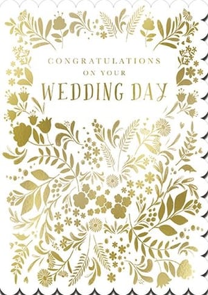 Introduce a touch of golden elegance to your card selection with our 'Wedding Day' card. This exquisite design features a beautiful array of gold foil floral and foliage patterns, creating a truly celebratory and sophisticated look. The intricate botanical details and delicate scalloped edges add a charming finish, making it a standout choice for such a special occasion.

Perfect for customers seeking a premium card to convey their heartfelt congratulations to a happy couple. Crafted by the renowned Great British Card Company, you can be assured of its quality and appeal. Available in a convenient pack size of 1x6, this lovely card is an ideal addition to your retail display, sure to capture attention and delight.