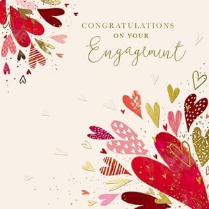 Congratulate the happy couple in style with our delightful Engagement card, brought to you by the Great British Card Company. This beautiful design features a joyous burst of hearts in rich reds, pretty pinks, and shimmering gold, creating a truly celebratory feel. Adorned with charming patterns and subtle sparkle, it's a wonderfully warm way to share in their special news. The elegant 'Congratulations on your Engagement' message is perfectly complemented by the heartfelt artwork. Stock up on this popular choice; each pack contains 6 cards, ready to bring smiles to your customers.