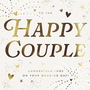 Help your customers celebrate the big day with our beautiful 'Wedding Day' card. This elegant design features shimmering gold foil lettering that proudly declares 'To The Happy Couple' and 'Congratulations On Your Wedding Day!'. Adorned with delicate hearts, stars, and celebratory sparkle reminiscent of fireworks, it captures the joy and excitement of a wedding.

Crafted by the renowned Great British Card Company, this card offers a premium feel that recipients will truly appreciate. Available in a convenient pack of 6, it’s an essential addition to your card selection, ensuring you’re always stocked for those special wedding occasions. A delightful choice for any happy couple.