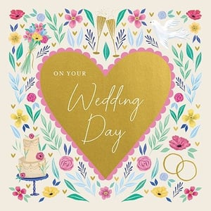 Celebrate love with our beautiful 'Wedding Day' card, a charming design from the Great British Card Company. This delightful card features a shimmering gold heart at its centre, elegantly inscribed with "ON YOUR Wedding Day".

The heart is framed by a vibrant array of hand-drawn flowers and foliage in cheerful pinks, yellows, blues, and greens. Adorned with classic wedding symbols like a charming bouquet, sparkling champagne flutes, a graceful dove, a delicious two-tier wedding cake, and interlocking rings, this card is perfect for conveying heartfelt wishes. Stock up on this lovely design; each pack contains 6 cards, ready to bring joy to any happy couple.