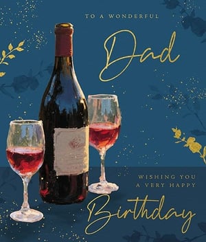 Celebrate Dad's special day with this wonderfully elegant birthday card from the Great British Card Company. Featuring a sophisticated design, the card showcases a classic bottle of red wine alongside two inviting glasses, all set against a rich, deep blue background. Golden foliage and sparkling accents add a touch of luxury, perfectly complementing the heartfelt message: 'To a Wonderful Dad, Wishing You a Very Happy Birthday'. The stylish script for 'Dad' and 'Birthday' makes this card truly stand out. Available in a convenient pack of 6 (1x6), it's ideal for retailers looking to offer a premium option for customers celebrating their fathers.