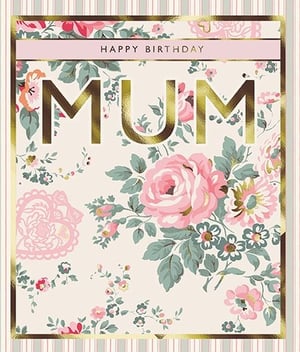 Offer your customers a truly lovely way to celebrate Mum's birthday with this beautiful card from the Great British Card Company. This design features a delightful vintage floral pattern, showcasing soft pink roses and elegant green foliage on a gentle cream background. The word 'MUM' is highlighted in eye-catching gold foil, complemented by a clear 'Happy Birthday' message. A classic striped border frames the card, adding a touch of timeless charm. This thoughtful card provides a warm and heartfelt sentiment, making it a wonderful option for any special Mum. Available in a convenient pack of 1x6.