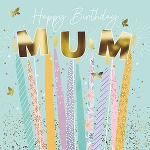 Make Mum's birthday extra special with this enchanting card from the Great British Card Company. Adorned with shimmering gold 'Mum' lettering, this design truly stands out. A vibrant display of patterned birthday candles, delicate golden butterflies, and sparkling confetti creates a joyful and elegant scene against a soft blue backdrop. It's the perfect choice for customers looking to send heartfelt wishes to their amazing Mums. Supplied in a handy pack of 6, these cards are ready to brighten up any celebration.
