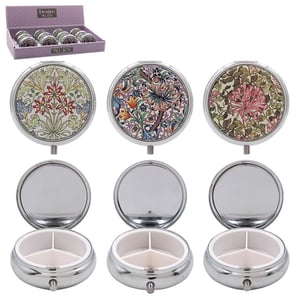 Introduce a touch of classic elegance to your customers' daily routine with our exquisite William Morris Pill Boxes. Featuring three beautifully assorted floral designs inspired by the iconic William Morris, these compact and stylish pill boxes are a delightful accessory.

Each round, silver-tone box is thoughtfully designed with a hinged lid that reveals a handy mirror, while the base offers three practical compartments for organising pills, vitamins, or small essentials. Perfect for handbags, travel, or as a charming bedside companion, they blend timeless artistry with everyday functionality. Supplied in a convenient pack of 12, these charming pill boxes are sure to be a popular choice for those who appreciate both beauty and practicality.