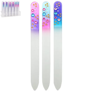 Brighten up your beauty offerings with our enchanting Display Box of Diamante Nail Files! These gorgeous glass nail files are not just practical, they're a true style statement. Each file boasts a beautiful ombre design, transitioning from frosted clear to vibrant pink, blue, or purple hues. Adorned with shimmering diamantes and delicate gold studs, they add a touch of glamour to any manicure routine.

Available in three delightful assorted designs, these files are perfect for customers seeking both functionality and flair. Crafted from durable glass, they provide a smooth, effective filing experience. Presented in a convenient display box, they're ready to captivate your customers and make for irresistible impulse purchases. Elevate your retail display with these dazzling essentials!