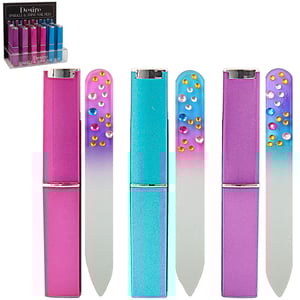 Add a touch of sparkle to your beauty offerings with our stunning Display Box Of Diamante Nail Files! These gorgeous glass nail files come in three assorted, eye-catching designs, featuring vibrant pink, turquoise, and purple hues, beautifully adorned with shimmering diamante gems. Each file boasts a smooth, durable glass surface, perfect for achieving a flawless finish, and comes with its own protective case. Presented in a convenient display box, these sparkling nail files are sure to catch the eye of every customer looking for a touch of glamour in their nail care routine. Supplied by Lesser and Pavey Ltd, each pack contains 24 assorted files, ready to brighten up your shelves.