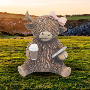 Meet the utterly charming Highland Cow Coffeeholic, a delightful single figurine from Lesser and Pavey Ltd. This adorable Highland cow is captured in a moment of pure relaxation, complete with a stylish pink bow and a steaming cup of coffee in hand. Its wonderfully shaggy texture and serene expression make it a truly unique addition to any home or garden. Perfect for adding a touch of whimsical charm, this 'Coffeeholic' is an ideal gift for anyone who appreciates a good brew and a bit of rustic character. Let this lovely lass bring a smile to your customers' faces!