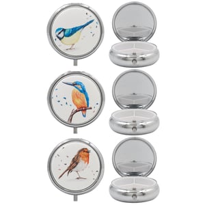 Introduce a touch of nature's charm to your customers' daily routine with our delightful British Birds Pill Box assortment. Crafted by Lesser and Pavey Ltd, these elegant, silver-toned pill boxes feature three beloved British bird designs: the vibrant Blue Tit, the majestic Kingfisher, and the cheerful Robin.

Each compact box opens to reveal three practical compartments, perfect for organising pills, vitamins, or small trinkets. The beautiful, detailed illustrations bring a splash of colour and character, making them a lovely accessory or a thoughtful gift. Supplied in a convenient pack of 12, this assortment offers variety and broad appeal, ensuring they'll be a popular choice in your store. A charming blend of functionality and artistry!