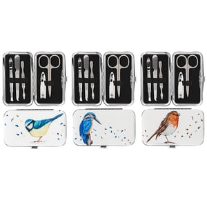 Introduce a touch of British charm to your beauty essentials with these delightful British Birds Manicure Sets. Each compact and stylish case features a beautiful watercolour illustration of a beloved garden bird: choose from the vibrant Blue Tit, the majestic Kingfisher, or the cheerful Robin.

Inside, each set contains a collection of essential stainless steel tools, including nail clippers, scissors, and cuticle pushers, all neatly organised for convenience. Perfect for travel or everyday use, these sets are both practical and aesthetically pleasing. They make wonderful gifts or a lovely personal treat.

Supplied by Lesser and Pavey Ltd, these sets come in an assorted pack of 12, ensuring a varied and attractive display for your retail space.