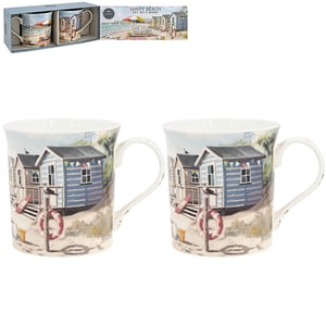 Bring the refreshing feel of the coast to your customers with this delightful Set Of 2 Sandy Beach Mugs from Lesser and Pavey Ltd. Each mug showcases a charming, hand-painted style illustration of colourful beach huts nestled on a sandy shore, complete with a lifebuoy and other seaside details. Perfect for enjoying a warm cuppa, these mugs evoke memories of sunny days by the sea. They come beautifully presented in an attractive gift box, making them an ideal present for any beach lover or a lovely addition to a coastal-themed home. This single pack of two mugs is ready to brighten any retail display.
