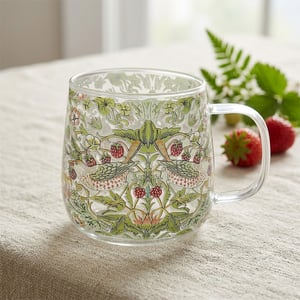 Bring a touch of timeless artistry to your customers' homes with our exquisite Strawberry Thief Glass Mug. This beautiful mug features the iconic William Morris 'Strawberry Thief' design, renowned for its intricate pattern of thrushes stealing strawberries amidst lush foliage. Crafted from clear, durable glass, it beautifully showcases the rich greens, reds, and earthy tones of this beloved heritage print.

Perfect for enjoying a morning coffee, an afternoon tea, or any favourite beverage, this mug adds a sophisticated and charming accent to any kitchen or dining setting. Each mug is supplied individually, making it an ideal gift or a delightful treat for oneself. Proudly brought to you by Lesser and Pavey Ltd.
