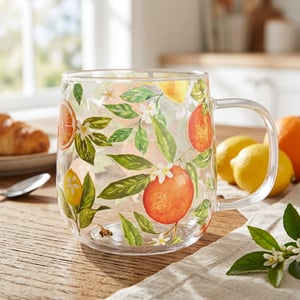 Brighten up any kitchen with our charming Oranges & Lemons Glass Mug from Lesser and Pavey Ltd. This delightful clear glass mug features a vibrant botanical design, showcasing juicy oranges, zesty lemons, lush green leaves, and delicate white blossoms. A sweet little bee adds an extra touch of whimsy to the cheerful pattern. Perfect for enjoying a morning coffee, a refreshing iced tea, or a comforting hot chocolate, its clear design allows the colours of any beverage to shine through. Sold individually, this mug is an ideal choice for retailers looking to offer customers a touch of sunshine and natural beauty in their everyday essentials.
