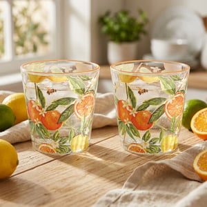 Bring a touch of Mediterranean charm to any home with this delightful Set Of 2 Oranges & Lemons Glasses from Lesser and Pavey Ltd. Each glass showcases a vibrant, hand-painted style design, featuring lush orange and lemon groves, delicate white blossoms, and a charming little bee. Perfect for serving refreshing drinks, from iced water to summery cocktails, these glasses will instantly brighten any table setting. Their clear design allows the vivid colours to truly pop, making every sip a joy. Ideal for everyday use or special occasions, these durable glasses are a wonderful addition to any kitchenware collection. Available as single sets, they offer a refreshing splash of natural elegance.