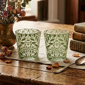 Introduce a touch of timeless elegance to your customers' homes with this exquisite Set Of 2 Acorn Glasses from Lesser and Pavey Ltd. Each glass features a beautifully intricate green botanical pattern, reminiscent of classic Arts and Crafts designs. The delicate acorn and oak leaf motif brings a charming, nature-inspired aesthetic to any table setting. Perfect for everyday use or special occasions, these versatile glasses are ideal for serving water, juice, or your favourite beverages. Their clear glass construction allows the stunning design to truly shine. Offer your customers a blend of rustic charm and sophisticated style with these delightful glasses. Supplied as a single pack containing two glasses.