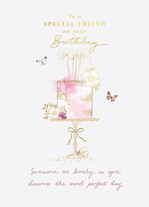 Celebrate a special friend's birthday with this charming card from Ling. Featuring a beautifully illustrated pink watercolour cake adorned with delicate gold accents, elegant flowers, and playful butterflies, this card is a true delight. Golden candles and a sophisticated cake stand add to its appeal, creating a special design. The heartfelt message, 'To a SPECIAL FRIEND on your Birthday, Someone as lovely as you deserves the most perfect day,' perfectly conveys warm wishes. This 'Friend Female' card is supplied in a convenient pack of 6, making it ideal for retailers looking to offer a touch of elegance and warmth to their customers.