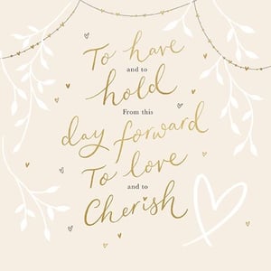Celebrate everlasting love with our beautiful 'Wedding Day' card from Ling. This exquisite design captures the timeless sentiment of wedding vows, featuring the heartfelt phrase 'To have and to hold From this day forward To love and to Cherish' in elegant gold script.

Delicate white foliage and charming scattered hearts adorn a soft, neutral background, creating a truly romantic aesthetic. A string of tiny hearts adds a touch of celebratory charm. Perfect for conveying warm wishes to the happy couple, this card is a wonderful choice for any wedding occasion. Available in a convenient pack of 6, it's an ideal addition to your greeting card selection.