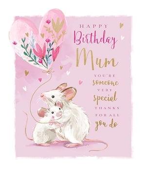 Celebrate Mum with this utterly charming birthday card from Ling! Featuring an adorable illustration of a loving mother mouse embracing her little one, this card is sure to warm any mum's heart. A beautiful heart-shaped balloon, adorned with delicate florals and shimmering gold accents, floats above them, adding a touch of elegance. The soft pink background and scattered hearts create a truly sweet design. The heartfelt message "Happy Birthday Mum, you're someone very special, thanks for all you do" perfectly expresses love and gratitude. Stock up on this popular design, available in convenient packs of 6, and offer your customers a truly special way to say 'Happy Birthday' to their amazing mums.