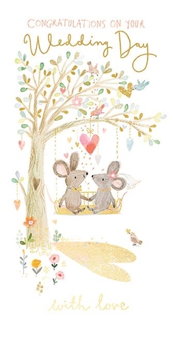 Congratulate the happy couple with our delightful 'Wedding Day' card, brought to you by Ling. This charming design showcases two sweet mice holding hands on a swing, nestled under a beautifully illustrated tree adorned with hearts and delicate gold accents. The whimsical artwork and soft pastel colours create a romantic charm, perfect for celebrating their special day. Featuring the heartfelt message 'Congratulations on your Wedding Day' and 'with love', this card is sure to be cherished. Available in a convenient pack of 6, it's a wonderful addition to your wedding card selection.