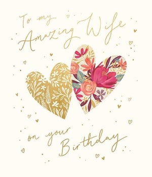 Celebrate her special day with this beautiful birthday card, designed especially for an amazing wife. Featuring elegant gold script that reads "To my Amazing Wife on your Birthday," this card is adorned with two charming hearts. One heart shimmers in gold with a delicate floral pattern, while the other bursts with vibrant pink, orange, and purple blooms. Subtle gold accents and tiny hearts complete this warm and loving design. Supplied by Ling, each pack contains 6 identical cards, perfect for retailers looking to offer a thoughtful and attractive option for customers celebrating their wives.