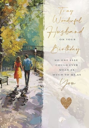 Help your customers celebrate their wonderful husbands with this beautiful birthday card from Ling. The design features a charming, painterly scene of a couple enjoying an autumnal walk, creating a warm and romantic feel. Inside, the heartfelt message reads: 'To my Wonderful Husband ON YOUR Birthday NO ONE ELSE COULD EVER MEAN AS MUCH TO ME AS You,' presented in elegant gold lettering and finished with a delicate glitter heart. This card is perfect for conveying deep affection and making his birthday extra special. Supplied in a convenient pack of 6, it's an ideal addition to your greeting card selection.