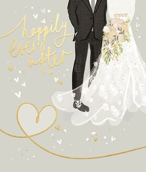 Celebrate everlasting love with our exquisite 'Wedding Day' card, brought to you by Ling. This beautifully illustrated design captures the magic of a special day, featuring a stylish bride and groom, adorned with delicate gold glitter accents. The heartwarming "happily ever after" message, elegantly scripted in shimmering gold, adds a touch of timeless romance.

Perfect for congratulating the happy couple, this card is sure to stand out on any display. Each pack contains 6 identical cards, ready to charm your customers. Stock up on this enchanting design and help your customers share their joy.