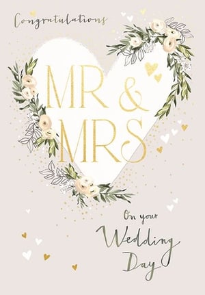 Introduce the 'Wedding Day' card, a charming addition to your greeting card selection from Ling. This elegant design features a prominent white heart, beautifully highlighted with 'MR & MRS' in sparkling gold. Delicate watercolour florals, including soft roses and lush green foliage, gracefully frame the central heart, adding a touch of natural sophistication. The card is further embellished with subtle gold flecks and sweet heart motifs, enhancing its celebratory appeal. With 'Congratulations' and 'On your Wedding Day' scripted in a refined font, this card offers a truly special way for your customers to send their best wishes. Available in a convenient 1x6 pack size, it's an ideal choice for retailers looking to stock high-quality, heartfelt wedding greetings.