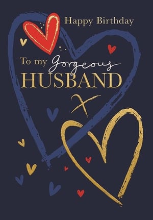 Offer your customers a truly special way to celebrate with this 'Husband' birthday card from Ling. Available in a handy pack of 6, this card features a loving "Happy Birthday To my Gorgeous HUSBAND" message. The design combines elegant gold lettering and brushstroke hearts with vibrant red accents against a sophisticated dark blue background. It's a stylish and modern choice that conveys warmth and affection. This eye-catching card is perfect for customers looking for a premium feel and a heartfelt sentiment for their husband's special day. A popular addition to any card display.