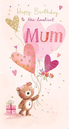 Celebrate Mum's special day with this adorable birthday card from Ling. Featuring a charming teddy bear holding a bouquet of heart-shaped balloons, this card is sure to bring a smile to any mum's face. The soft watercolour design, complete with sparkling details and a sweet gift, perfectly complements the heartfelt message: "Happy Birthday to the loveliest Mum." This delightful card is ideal for retailers looking to offer a warm and loving option for customers celebrating their mothers. Available in a convenient pack size of 1x6.