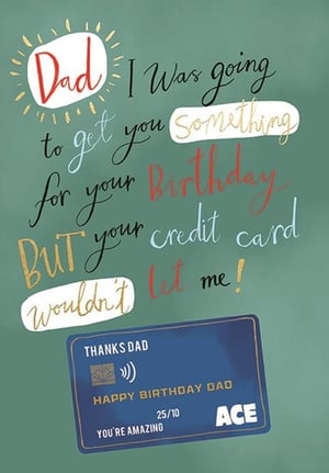 Make Dad's birthday extra special and bring a smile to his face with this hilariously honest card from Ling. Featuring a playful design and a witty message, it's sure to be a firm favourite. The front reads: "Dad I Was going to get you something for your Birthday BUT your credit card wouldn't let me!" complete with a fun credit card graphic wishing him "Happy Birthday Dad" and calling him "Amazing".
The vibrant colours and varied typography add to its charm, making it a standout choice for any proud dad. Perfect for retailers looking to stock unique and amusing cards, this 'Dad' card comes in a convenient pack of 6. A brilliant way to celebrate the main man!